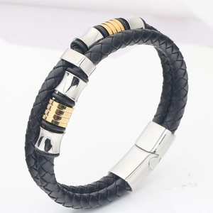 Black double-braided leather bracelet with gold and silver stainless steel rings