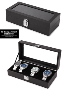 Detailed view of 18-slot black PU leather watch box with lock and transparent window