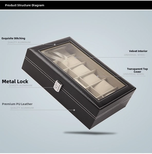 Detail of 10-slot black PU leather watch box with glass top and silver metal lock
