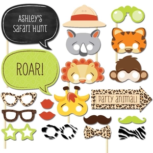 33-piece set of Safari themed photo booth props with animal masks and cartoon accessories