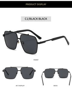 Three-angle product display of black metal double-bridge sunglasses with silicon nose pads