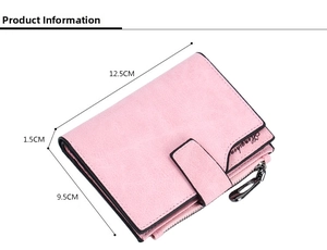 Pink matte leather women's wallet detail showing 12.5cm x 9.5cm dimensions and snap closure