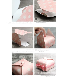 Step-by-step assembly guide for a pink polka dot cardboard DIY gift box with ribbon