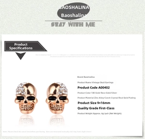Macro view of rose gold skull stud earrings with sparkling Czech crystals and black eyes