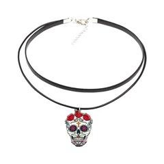 Double-layered black choker necklace with colorful sugar skull pendant and red rose