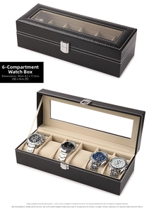 Black leather 6-slot watch storage box with glass window and secure metal latch