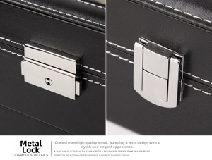 Detail of the high-quality silver metal lock on black leather watch box with white stitching