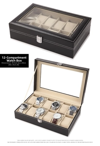 12-slot black leather watch storage box with glass window and secure metal lock