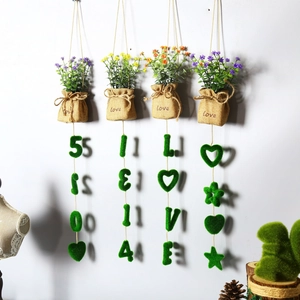 Set of four artificial potted plants with velvet hanging characters 520 and 1314