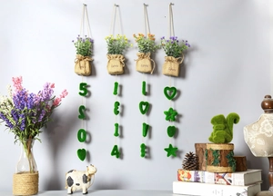 Wall-mounted artificial potted plants in burlap bags with 520 1314 LOVE hanging pendants