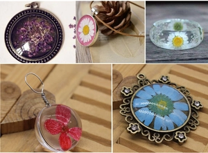 Detailed collage of handmade resin jewelry with embedded real dried narcissus flowers