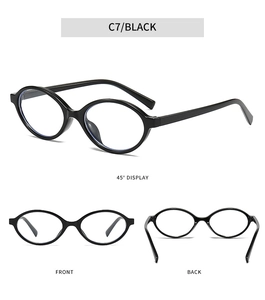 Three views of small oval black frame sunglasses showing front, side and back angles