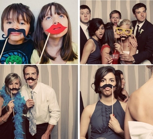 Action shots of various guests using themed photo booth props at a cinema party event
