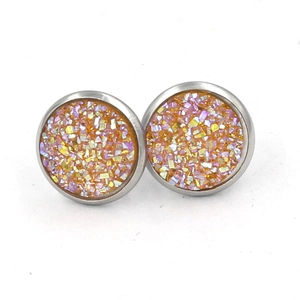 12mm stainless steel stud earrings with shimmering orange and pink glitter resin texture