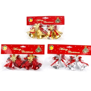 Set of 4.5cm shiny Christmas bell ornaments in gold, red, and silver with festive bows