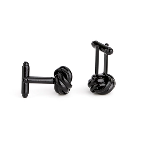 Detailed view of black knot cufflinks for men with polished finish and T-bar swivel back