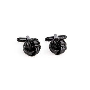 Close-up of classic black woven knot cufflinks with polished enamel finish for men's shirts