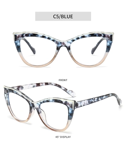 Detailed front and side views of blue marble cat eye glasses frames with metal accents