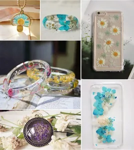 Detailed collage of resin jewelry and iPhone case featuring real dried flower inserts
