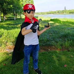 Kids pirate costume set with red skull bandana, eye patch, cape, hook and compass prop