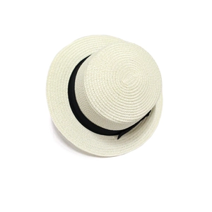 Chic cream straw boater hat with black ribbon, elegant flat top summer sun protection hat