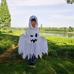 Detail of white hooded ghost cloak for kids with jagged hem and ghost face print