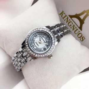 Elegant silver-toned ladies quartz watch with luxury rhinestones and shell dial