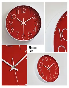 Detail view of red wall clock with white 3D numbers and slim frame in four-angle collage
