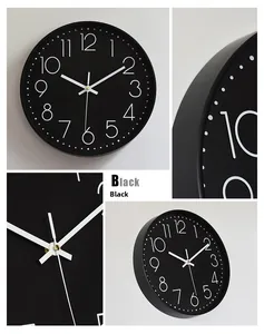 Detail view of modern black 9-inch wall clock with white numerals and matte finish
