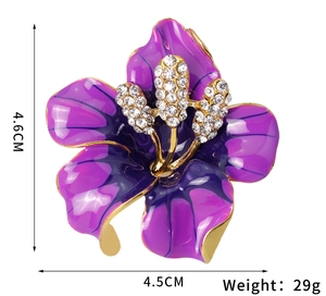 Detailed size view of a purple enamel rose brooch with rhinestones measuring 4.6cm by 4.5cm