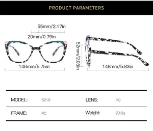 Detailed size chart for TR90 cat eye glasses frames with specific frame measurements