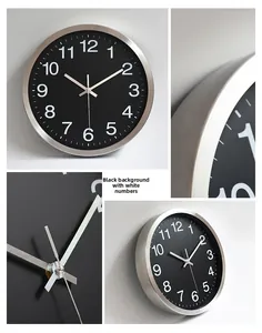 Detail of silent metal wall clock showing brushed silver frame and matte black dial
