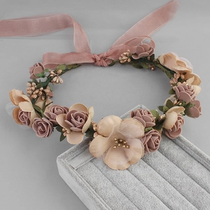 Floral bridal headband with pink and beige silk roses and adjustable satin ribbons