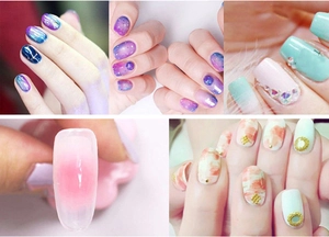 Détail de divers styles de nail art incluant des dégradés et des accents en relief métal