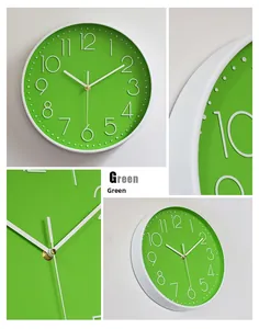 Close-up detail of modern green wall clock showing 3D numerals and white hands on face