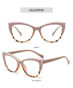 Front and 45-degree angle view of retro coffee cat eye glasses with tortoiseshell texture