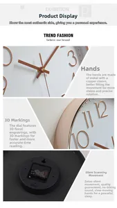 Detail of rose gold hands, 3D numerals, and silent movement on a 12-inch modern wall clock