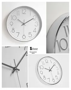 Detail of silver plated round wall clock with 3D numerals and slim minimalist hands