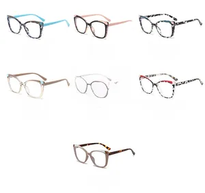 Detail view of stylish cat-eye TR90 frames showing metal hinge accents in multiple colors