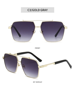 Detailed views of gold square sunglasses with double bridge and gradient lenses