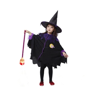 Children Halloween witch costume set with pointed hat cloak and magic wand for party show.