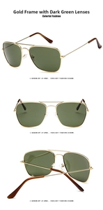 Detailed view of pilot sunglasses with gold metal frame and dark green lenses