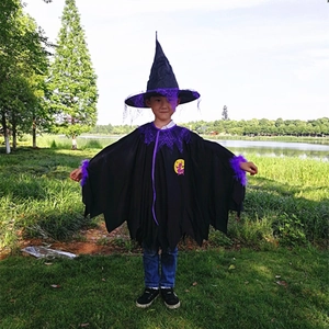 Detail of Halloween kids witch costume set with purple mesh trim and wizard hat