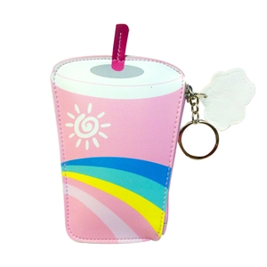 Cute pink popsicle drink shaped mini coin purse with rainbow stripes and metal keychain