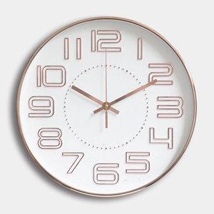 Modern 12-inch silent wall clock with 3D rose gold numbers and white matte dial