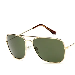 Classic double bridge square pilot sunglasses with gold metal frame and green lenses