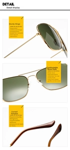 Detailed views of gold pilot sunglasses with green lenses and reinforced hinges