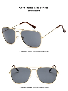 Detailed views of retro aviator sunglasses with gold metal frames and grey lenses