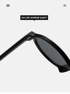 Detail view of the secure mirror shaft and hinge on black oval frame sunglasses