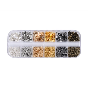Detail of 12-slot storage box with multi-color lobster clasps and open jump rings